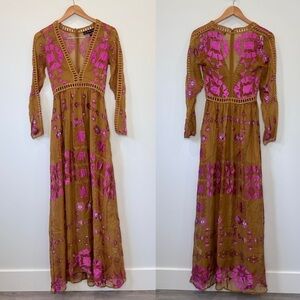 Free People For Love and Lemons Temecula Silk Blend Long Sleeve Maxi Dress (XS)
